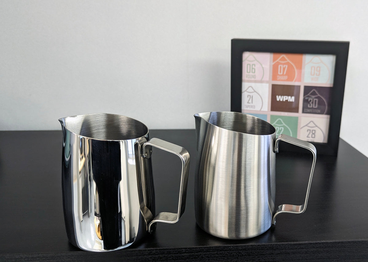 Real WPM stainless-steel milk pitchers with round spouts